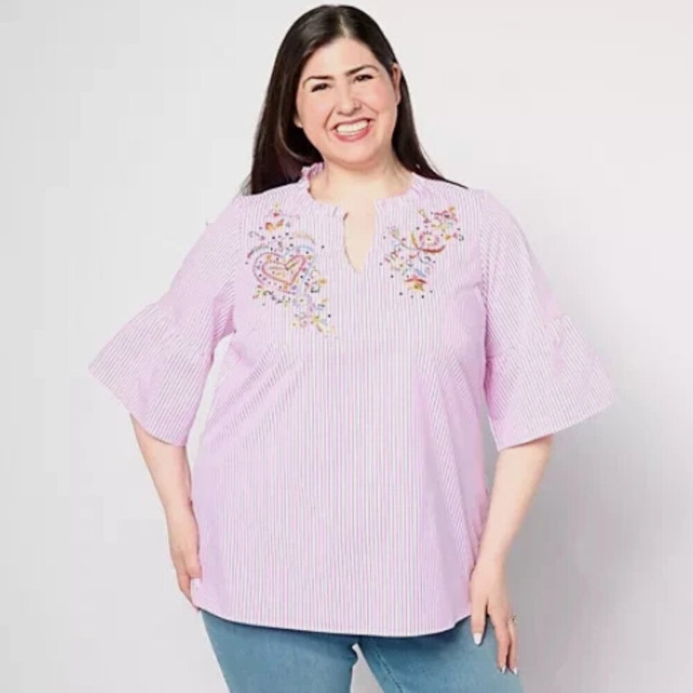 Quacker Factory Floral Fantasy Striped Pop-Over Blouse-Dark Pink-Medium-A640105